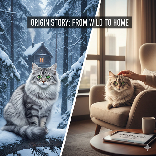 So sánh mèo Siberian trong rừng tuyết Siberia và mèo Siberian sống trong không gian nhà hiện đại, thể hiện hành trình từ hoang dã đến thú cưng