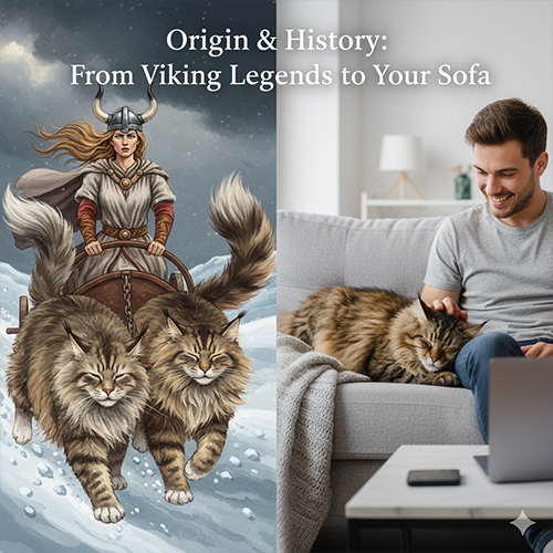 Hình ảnh so sánh mèo rừng Na Uy trong huyền thoại Viking kéo xe cho nữ thần Freya và mèo nằm thư giãn trên ghế sofa cùng chủ