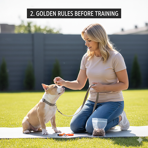 Chủ đang huấn luyện chó Bully bằng phương pháp thưởng trong không gian ngoài trời an toàn