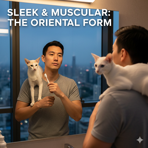 Mèo Oriental thân hình thanh mảnh, cơ bắp săn chắc đứng cạnh chủ trong không gian hiện đại