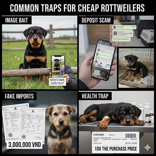 Các bẫy thường gặp khi săn chó Rottweiler giá rẻ gồm bẫy hình ảnh, lừa cọc, thổi phồng nguồn gốc và bẫy sức khỏe