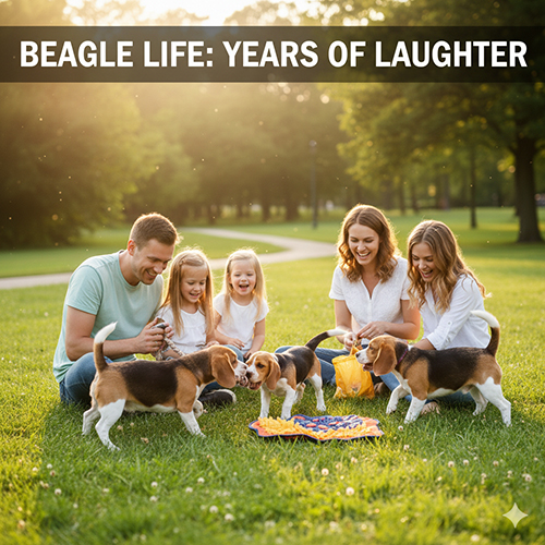Gia đình vui chơi cùng chó Beagle ngoài công viên, thể hiện niềm vui và sự gắn kết khi nuôi Beagle lâu dài
