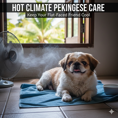 Chó Bắc Kinh nằm chỗ mát với quạt giúp chống nóng trong khí hậu nắng nóng