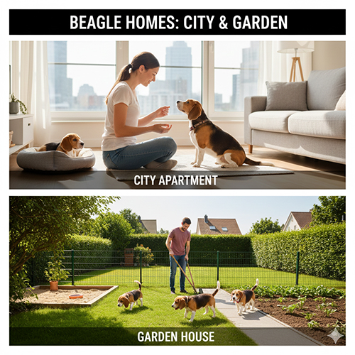 Chó Beagle được nuôi trong căn hộ và nhà vườn, minh họa các kiểu không gian sống phù hợp cho Beagle