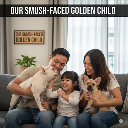 gia đình nuôi chó bull pháp quây quần vui vẻ trong không gian phòng khách