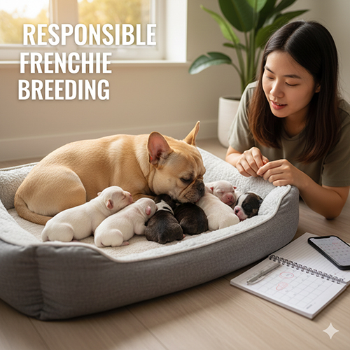 chó bull pháp mẹ nằm trong ổ sinh cùng đàn chó bull pháp con mới sinh