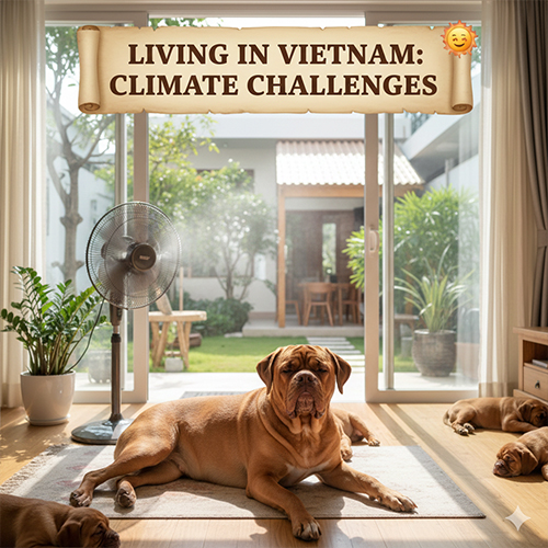 Chó Ngao Pháp Dogue de Bordeaux nằm trong nhà tại Việt Nam, thích nghi với khí hậu nóng và sinh hoạt gia đình