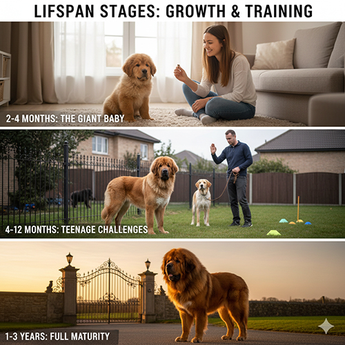 Hình minh hoạ các giai đoạn phát triển và huấn luyện chó Ngao Tây Tạng từ chó con đến trưởng thành