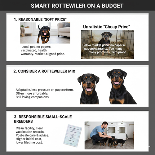 Gợi ý nuôi chó Rottweiler với ngân sách hạn chế bằng cách chọn giá mềm hợp lý, chó lai khỏe mạnh và người bán có trách nhiệm