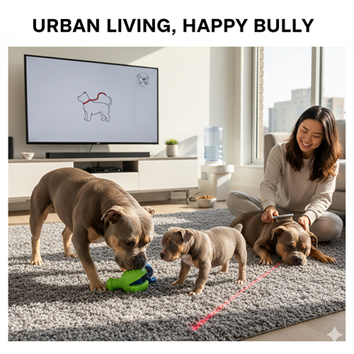 Chó Pocket Bully và Micro Bully chơi trong phòng khách căn hộ cùng chủ