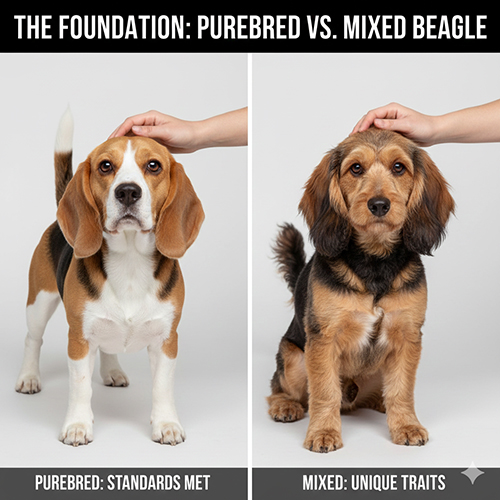 So sánh chó Beagle thuần chủng và chó Beagle lai đặt cạnh nhau, thể hiện sự khác biệt về ngoại hình và thần thái