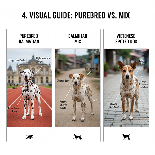 So sánh chó Đốm Dalmatian thuần chủng, chó Đốm lai và chó ta đốm bằng mắt thường