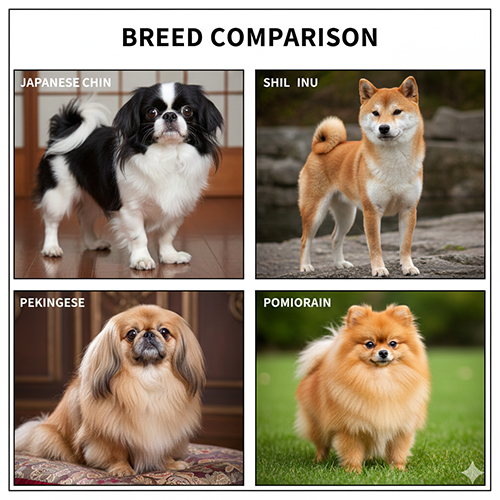 So sánh hình ảnh chó Nhật Japanese Chin với Shiba, Bắc Kinh và Phốc sóc để phân biệt giống