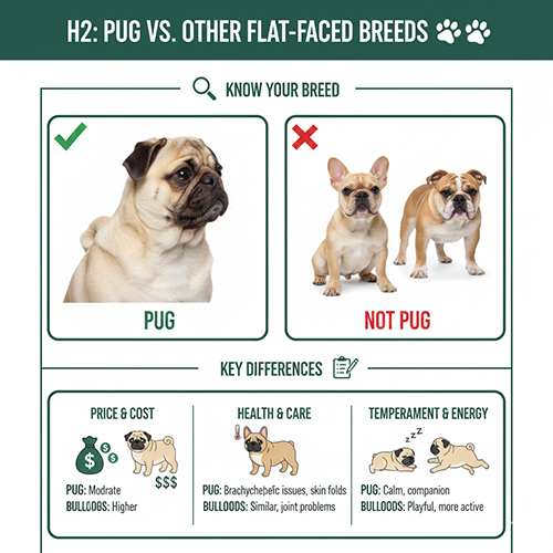 Infographic phân biệt chó Pug với các giống mặt xệ khác như Bull, tránh nhầm khi tìm mua chó mặt xệ