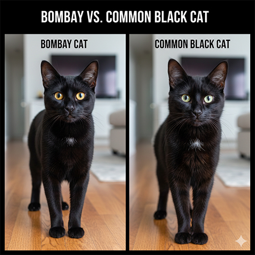 So sánh mèo Bombay và mèo đen thường với sự khác biệt rõ về màu lông và màu mắt