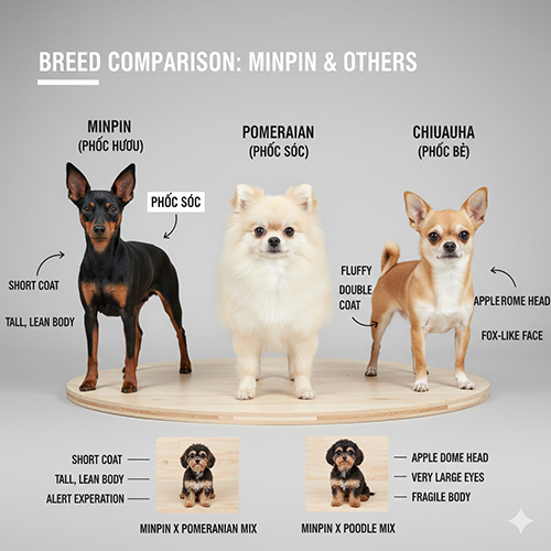 So sánh ba giống chó nhỏ: Phốc hươu, Pomeranian và Chihuahua – minh họa sự khác biệt về lông, dáng người và đặc điểm khuôn mặt.