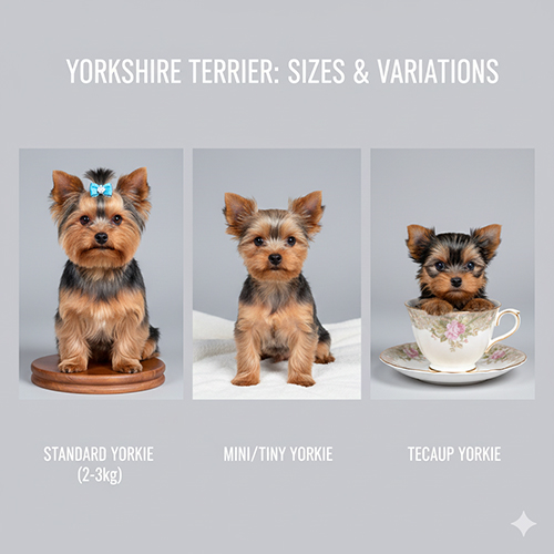 Ảnh ba kích cỡ Yorkshire Terrier: chuẩn, mini/tiny và teacup – minh họa sự khác biệt rõ rệt về size.
