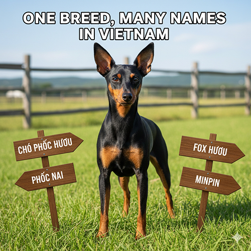Hình ảnh chó Phốc hươu (Minpin) đứng trên bãi cỏ với các biển tên “phốc hươu”, “fox hươu”, “phốc nai”, “minpin” minh họa cho việc một giống nhưng nhiều tên gọi tại Việt Nam.