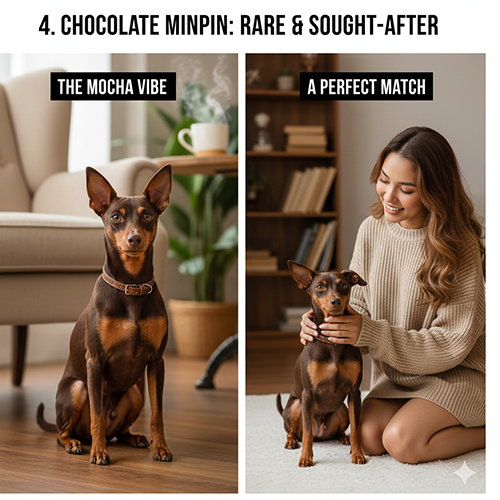 Hai chú chó Phốc hươu màu socola trong không gian ấm áp, một bé ngồi dáng chuẩn và một bé chụp cùng chủ cho thấy sắc nâu mocha đặc trưng