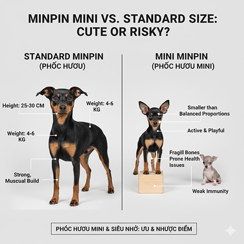 So sánh phốc hươu size chuẩn và phốc hươu mini, minh họa sự khác biệt về kích thước, xương, sức khỏe và độ cân đối cơ thể.