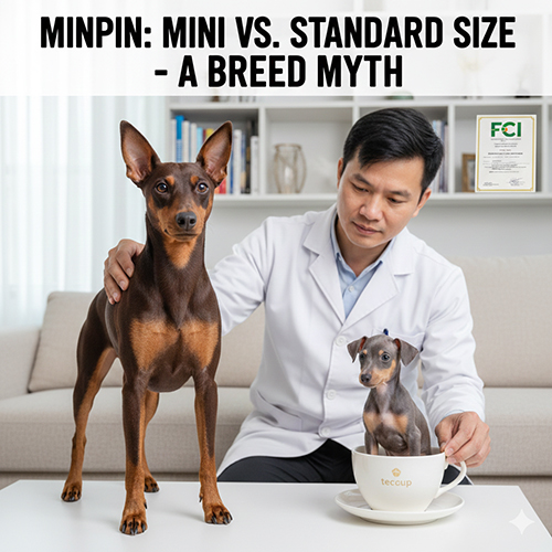 Bác sĩ thú y đặt một bé Phốc hươu trưởng thành cạnh một bé Phốc hươu siêu nhỏ ngồi trong tách, minh họa sự khác biệt size và việc “teacup” không phải giống riêng.