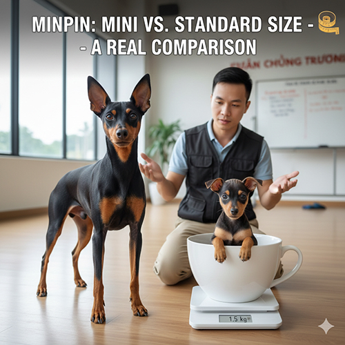 Hai bé Phốc hươu: một trưởng thành size chuẩn đứng cạnh một bé siêu nhỏ ngồi trong tách đặt trên cân 1.5kg, mô tả sự khác biệt kích thước giữa mini và chuẩn.