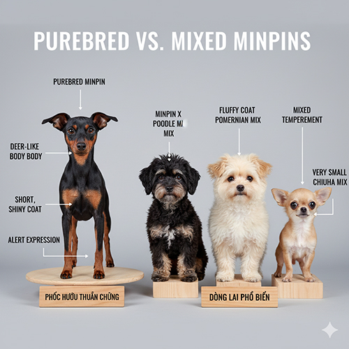 Hình so sánh phốc hươu thuần chủng với các dòng lai phổ biến như Minpin lai Poodle, lai Pomeranian và lai Chihuahua – minh họa khác biệt về ngoại hình và lông.