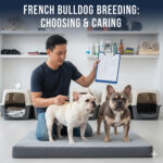 Người nuôi đang kiểm tra hai chú chó Bull Pháp trước khi phối giống, chuẩn bị hồ sơ và đánh giá sức khỏe.