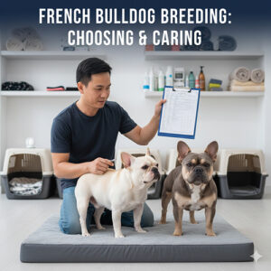 Người nuôi đang kiểm tra hai chú chó Bull Pháp trước khi phối giống, chuẩn bị hồ sơ và đánh giá sức khỏe.