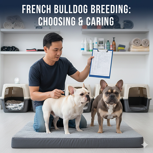 Người nuôi đang kiểm tra hai chú chó Bull Pháp trước khi phối giống, chuẩn bị hồ sơ và đánh giá sức khỏe.