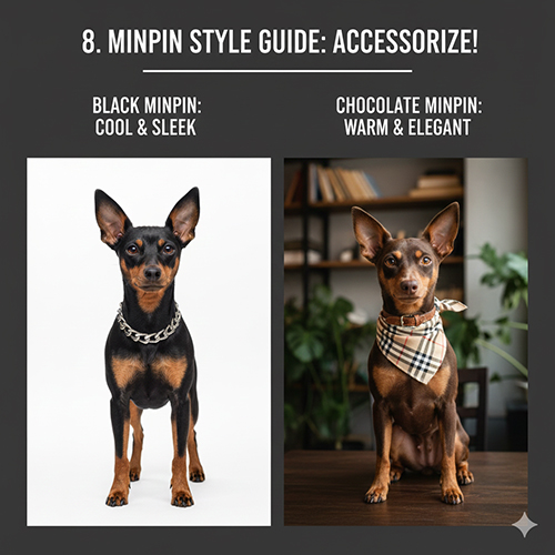 Một chú Phốc hươu đen đeo vòng kim loại và một chú Phốc hươu socola đeo khăn caro, minh họa cách phối phụ kiện hợp từng màu lông