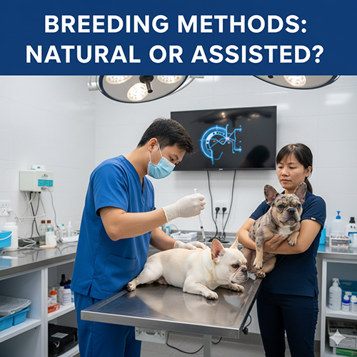 Bác sĩ thú y thực hiện quy trình hỗ trợ phối giống cho chó Bull Pháp trong phòng khám, bên cạnh là chủ đang giữ chó đực.