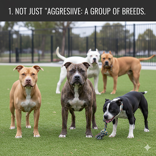 Hình nhiều chó thuộc nhóm Pitbull đứng trên sân cỏ, thể hiện sự đa dạng về giống và ngoại hình