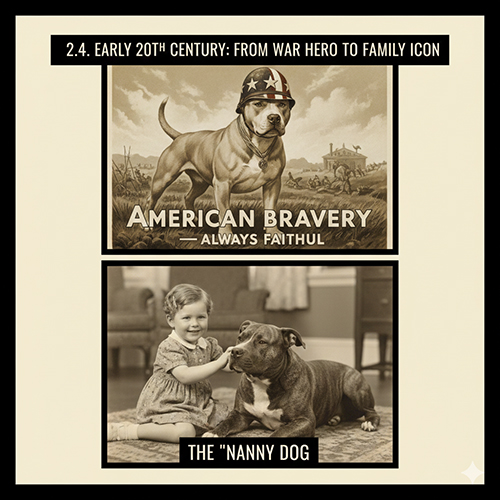 Hình minh họa Pitbull trong áp phích tuyên truyền thời chiến và cảnh Pitbull ngồi cạnh trẻ nhỏ