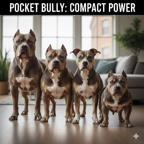 Các chú chó Pocket Bully đứng thành hàng trong nhà, thân hình thấp chắc và cơ bắp nổi rõ