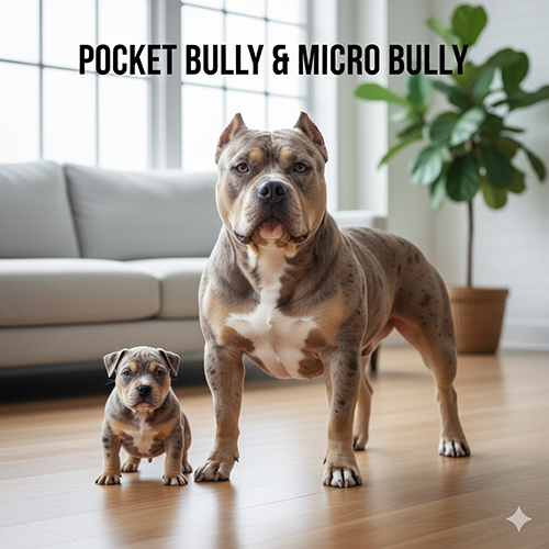 Chó Pocket Bully và Micro Bully trưởng thành đứng cạnh chó con trong không gian nhà ở