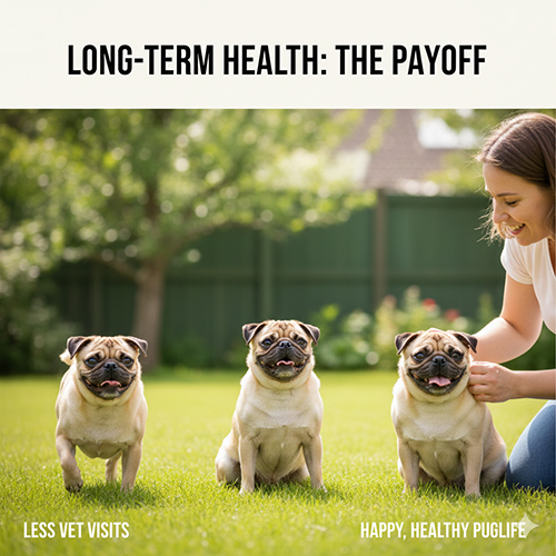 Ảnh ba bé Pug khỏe mạnh chạy nhảy ngoài sân cùng chủ, minh họa lợi ích lâu dài của chế độ ăn đúng