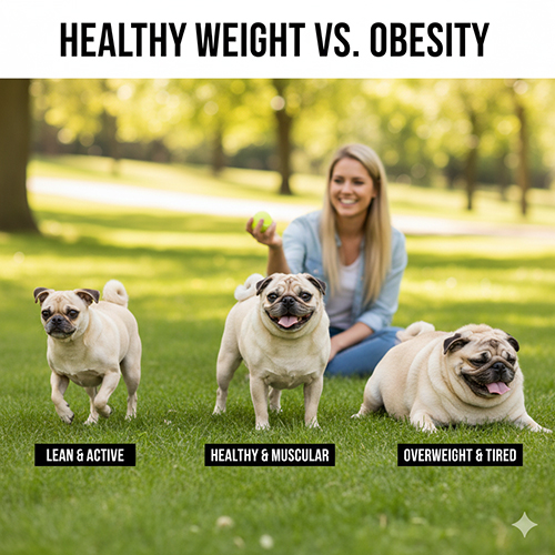 Ảnh ba bé Pug với ba thể trạng: gầy năng động – cân đối săn chắc – thừa cân mệt mỏi, minh họa sự khác biệt giữa “mập khỏe” và béo phì