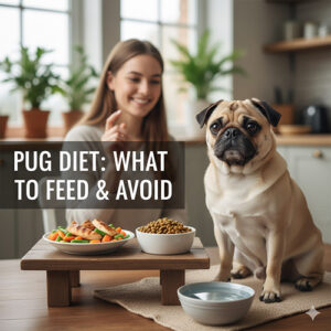 Ảnh chó Pug đang ngồi cạnh bữa ăn gồm rau củ, thịt và hạt khô – minh họa chế độ ăn nên và không nên cho Pug