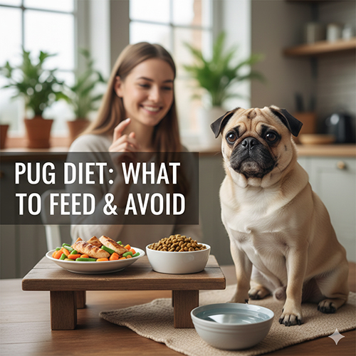 Ảnh chó Pug đang ngồi cạnh bữa ăn gồm rau củ, thịt và hạt khô – minh họa chế độ ăn nên và không nên cho Pug