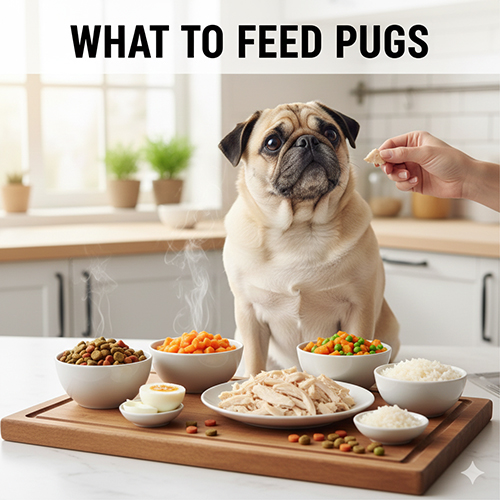 Ảnh chó Pug ngồi trước khay thức ăn gồm hạt khô, thịt gà, rau củ và cơm – minh họa các nhóm thức ăn phù hợp