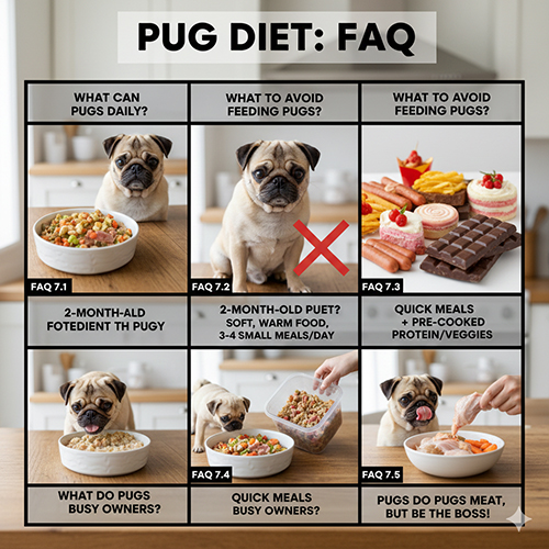 Ảnh tổng hợp nhiều bé Pug với các tình huống ăn uống khác nhau: món nên ăn, món cấm, khẩu phần cho Pug 2 tháng và mẹo cho chủ bận rộn