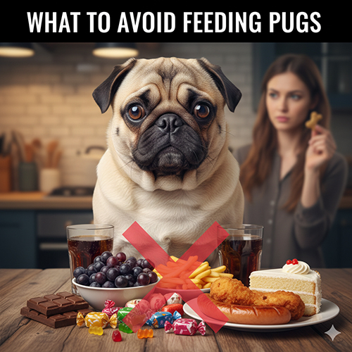 Ảnh chó Pug trước bàn đồ ăn bị gạch chéo gồm socola, nho, đồ chiên rán, bánh ngọt và nước có gas – minh họa các món cấm