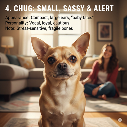 Hình ảnh chó Pug lai Chihuahua với gương mặt baby face, tai lớn và dáng nhỏ gọn đặc trưng