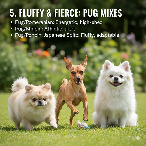 Hình ảnh nhóm chó Pug lai Phốc Sóc, Phốc hươu và chó Nhật với ngoại hình lông xù, năng động và rất biểu cảm