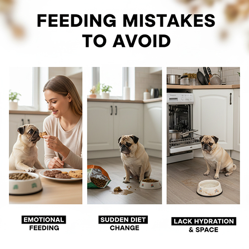 Ảnh minh họa ba lỗi thường gặp khi cho Pug ăn: cho ăn theo cảm xúc – đổi thức ăn đột ngột – thiếu nước và không gian ăn