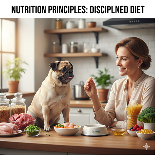 Ảnh chó Pug ngồi trên bàn bếp, trước mặt là các nhóm thực phẩm như thịt, rau, tinh bột – minh họa chế độ ăn có kỷ luật