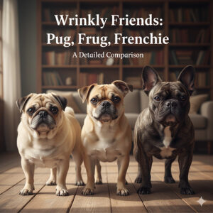 Ảnh bìa so sánh Pug Pháp, Pug lai Bull Pháp (Frug) và Bull Pháp mặt xệ với 3 chú chó đứng cạnh nhau, nhấn vào khuôn mặt nhăn và vóc dáng.