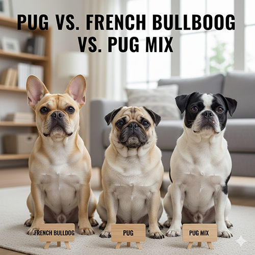 So sanh Pug va Bull Phap va Pug lai: 3 be cho ngoi canh nhau kem chu “Pug vs French Bulldog vs Pug mix”