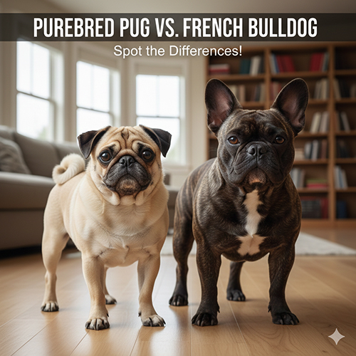 Ảnh so sánh Pug thuần và Bull Pháp thuần đứng cạnh nhau trong phòng khách, làm rõ khác biệt về tai (rủ vs tai dơi), form đầu (tròn vs vuông) và thân hình (tròn trịa vs cơ bắp).